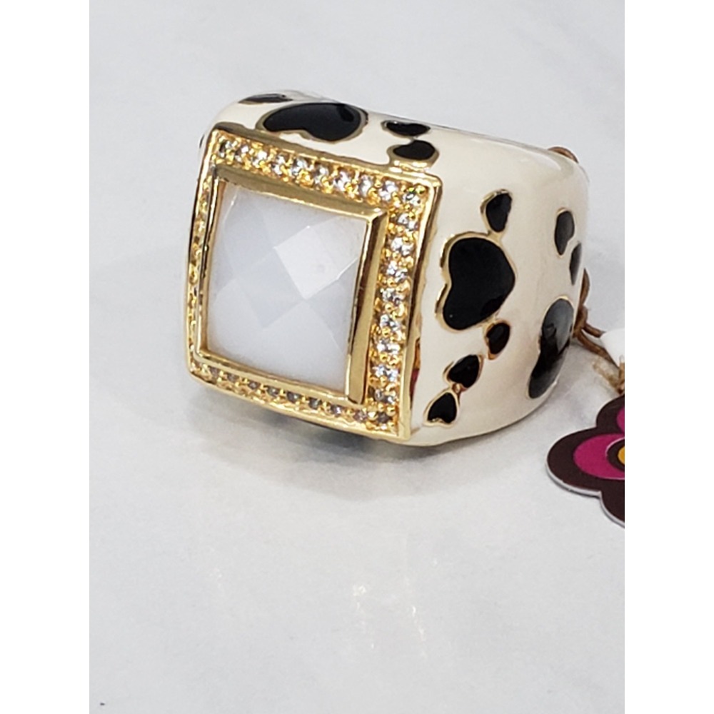 Lauren G Adams SZ 8 statement cocktail ring heart black white ivory cow art deco
